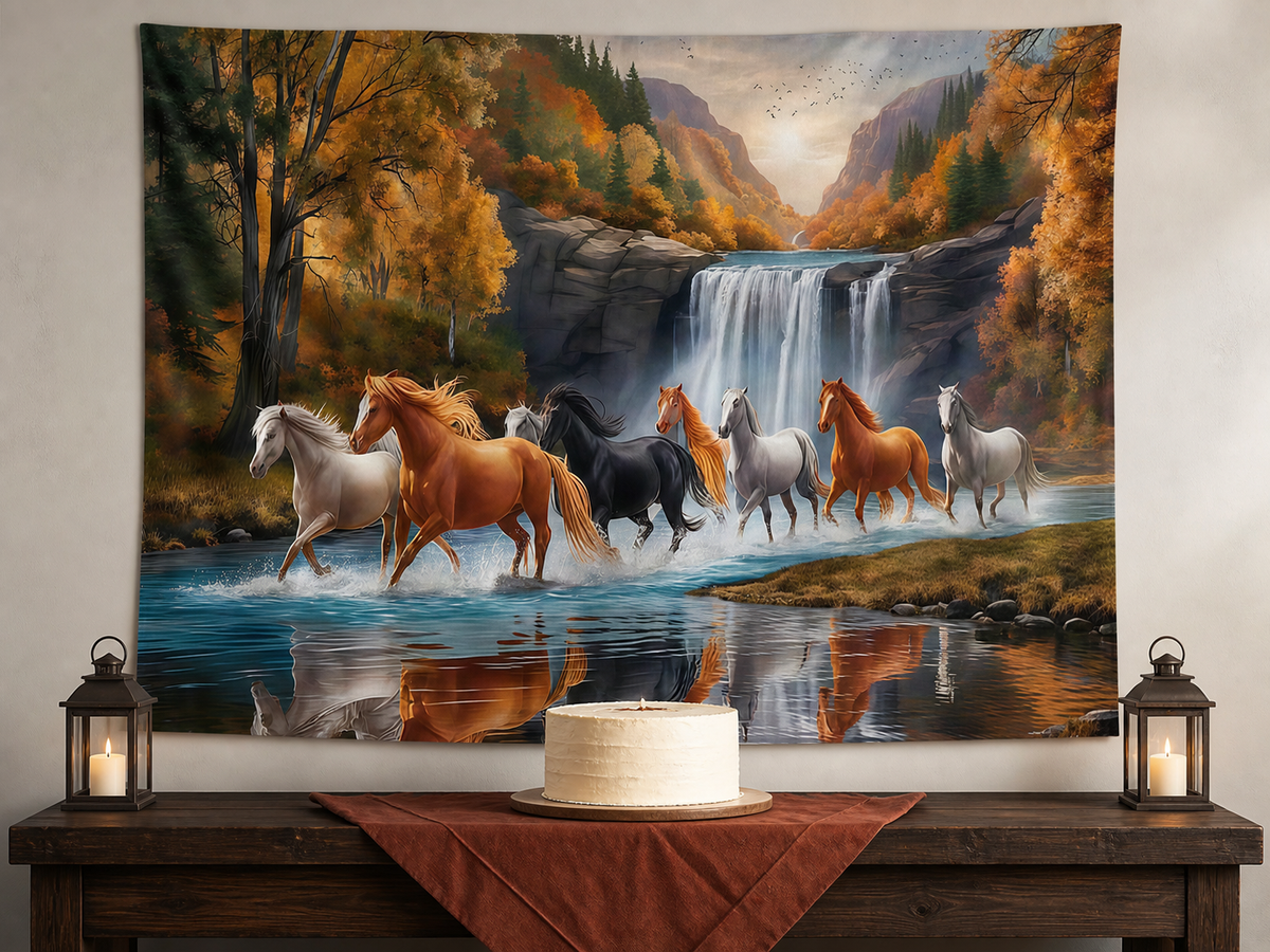 Eight Steeds Mountain Waterfall Tapestry Backdrop equestrian celebration display