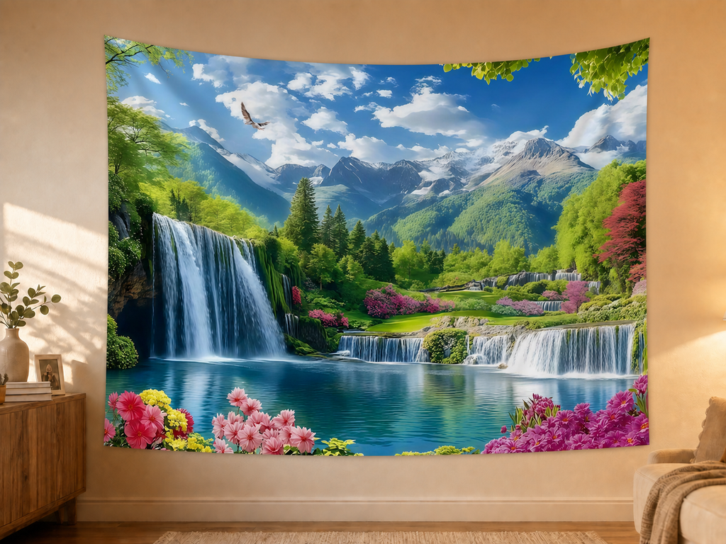 Mountain Waterfall Landscape Tapestry Backdrop styled scene 2