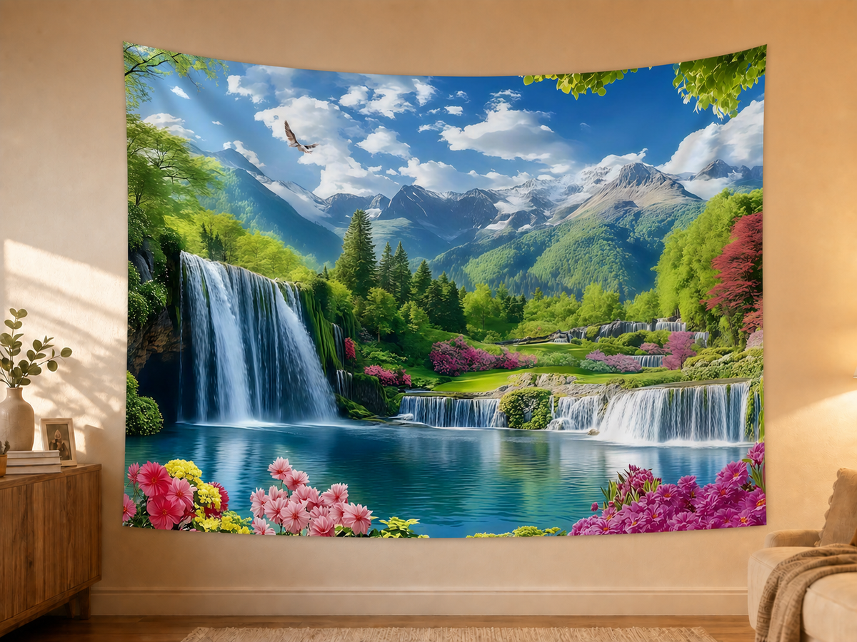 Mountain Waterfall Landscape Tapestry Backdrop styled scene 2