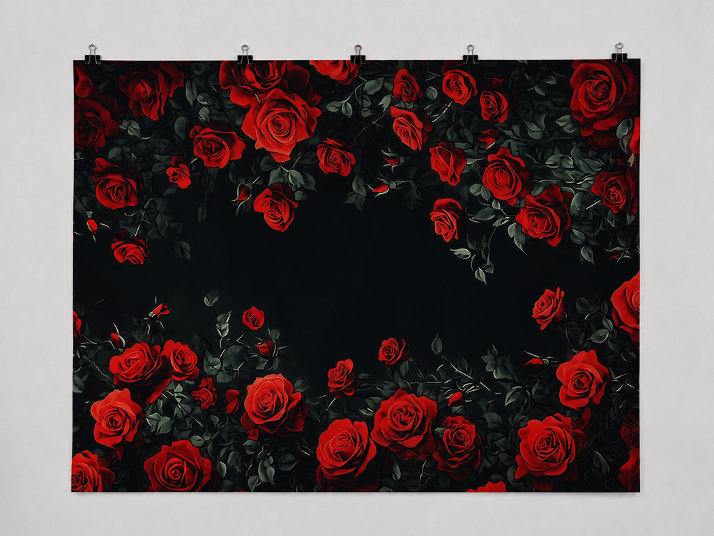 Red Roses on Black printed polyester backdrop, shown at244 x183cm with straight-cut unhemmed edges and wall clips. Flat printed scenery; accessories not included.