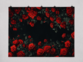 Red Roses on Black printed polyester backdrop, shown at244 x183cm with straight-cut unhemmed edges and wall clips. Flat printed scenery; accessories not included.