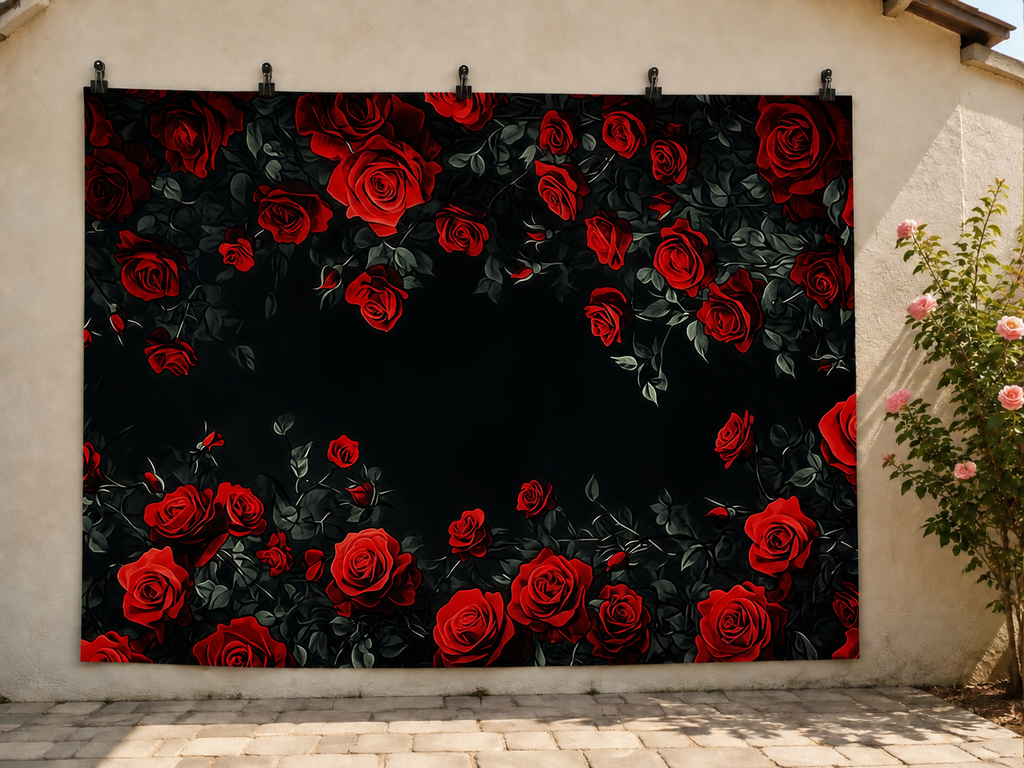 Red Roses on Black printed polyester backdrop, shown at244 x183cm with straight-cut unhemmed edges and wall clips. Flat printed scenery; accessories not included.