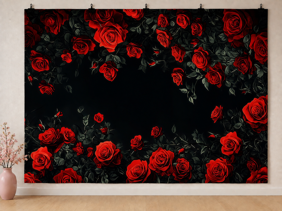 Red Roses on Black printed polyester backdrop, shown at244 x183cm with straight-cut unhemmed edges and wall clips. Flat printed scenery; accessories not included.