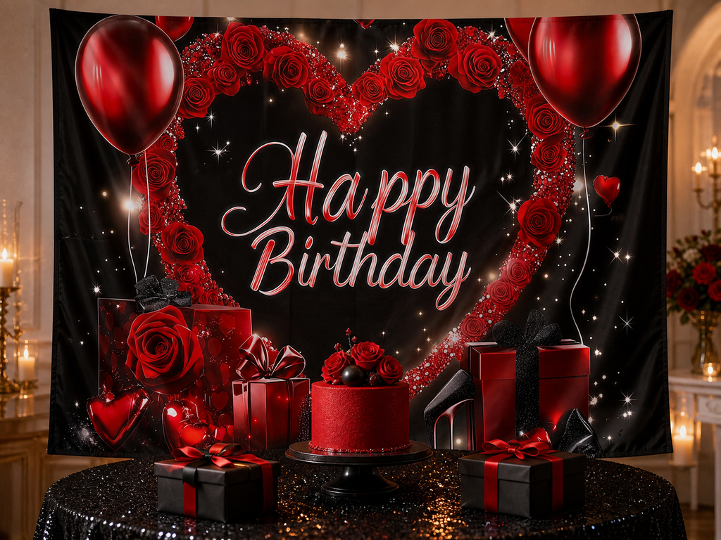 Red Rose Heart Balloon Birthday Backdrop cake-table display
