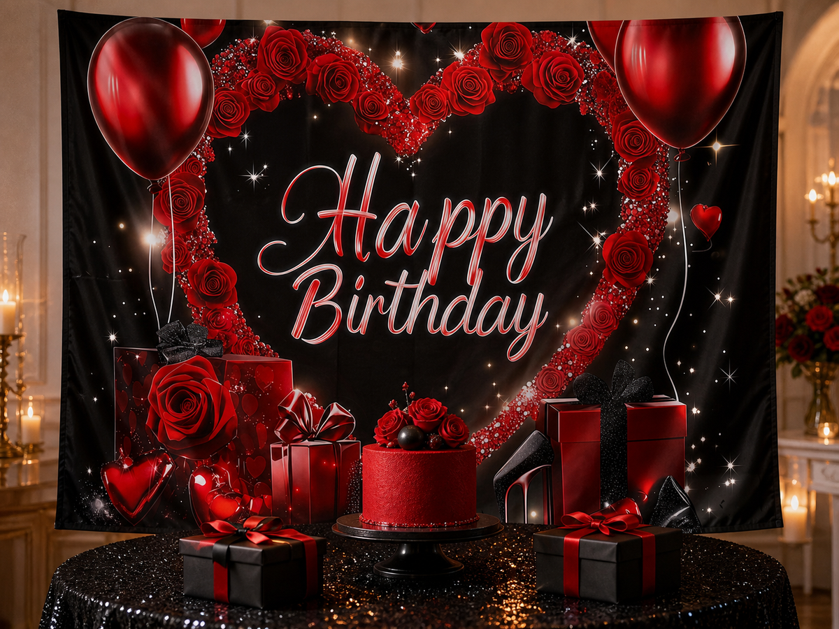 Red Rose Heart Balloon Birthday Backdrop cake-table display