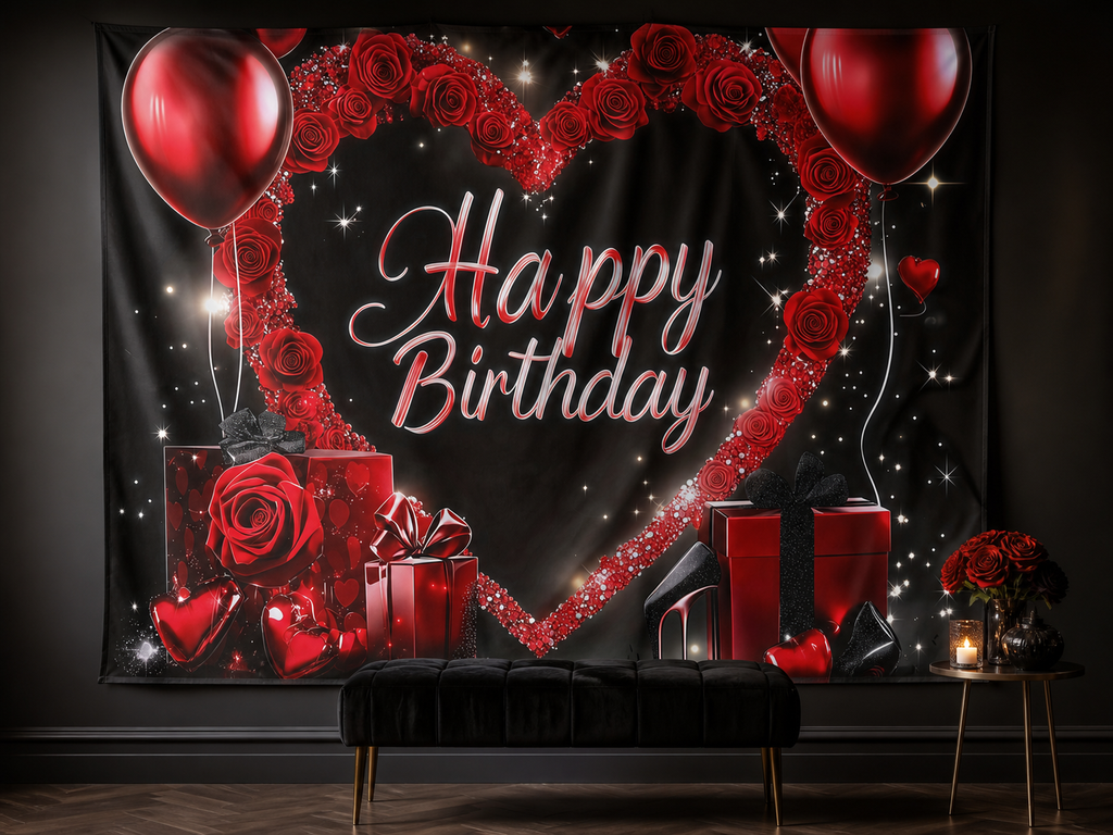 Red Rose Heart Balloon Birthday Backdrop portrait lounge