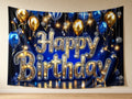 Blue and Gold Happy Birthday Backdrop displayed on a home wall