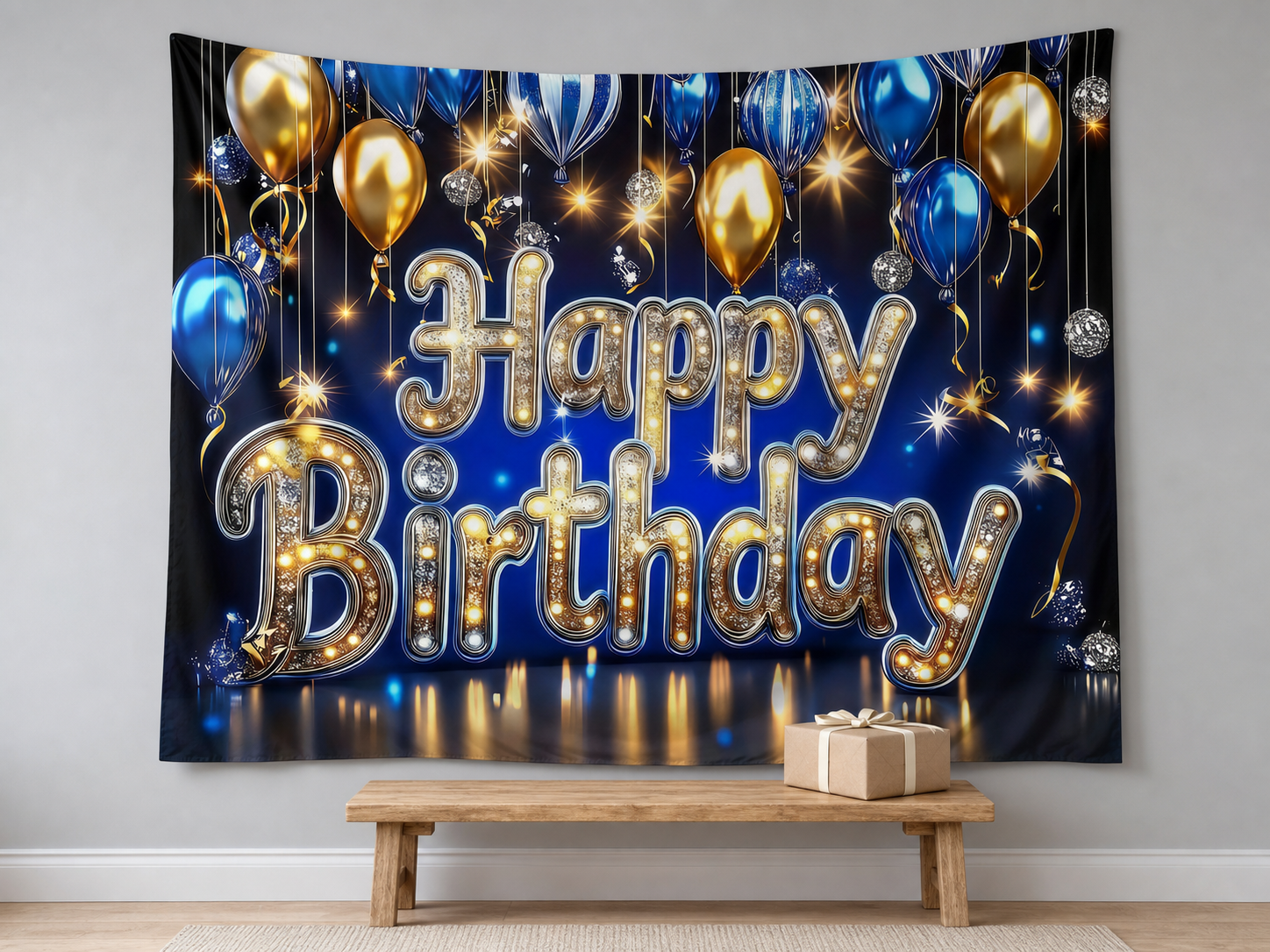 Blue and Gold Happy Birthday Backdrop in a realistic home setting