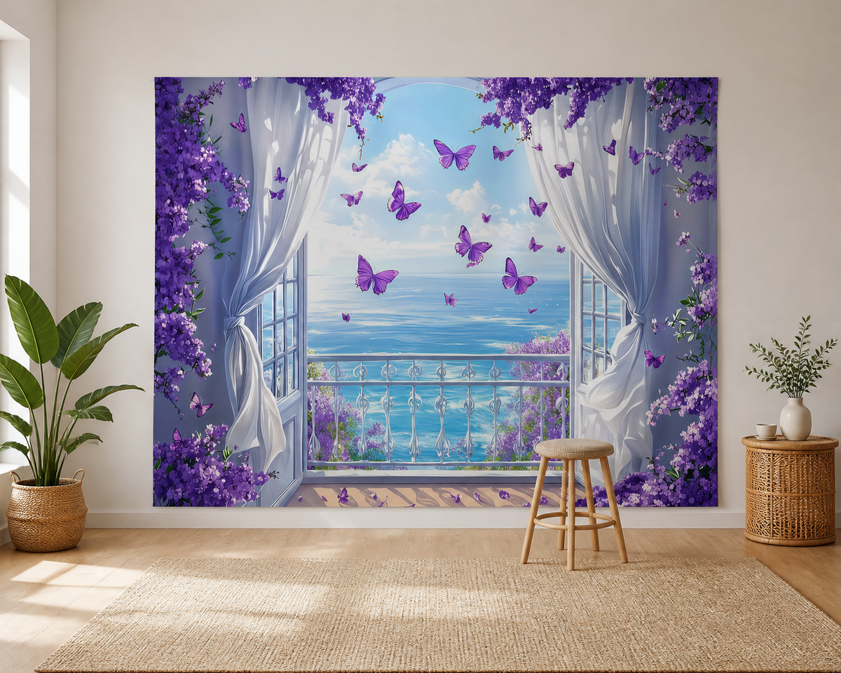 Purple Floral Ocean Window Backdrop scene 1