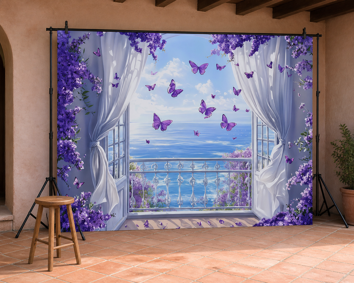 Purple Floral Ocean Window Backdrop scene 2