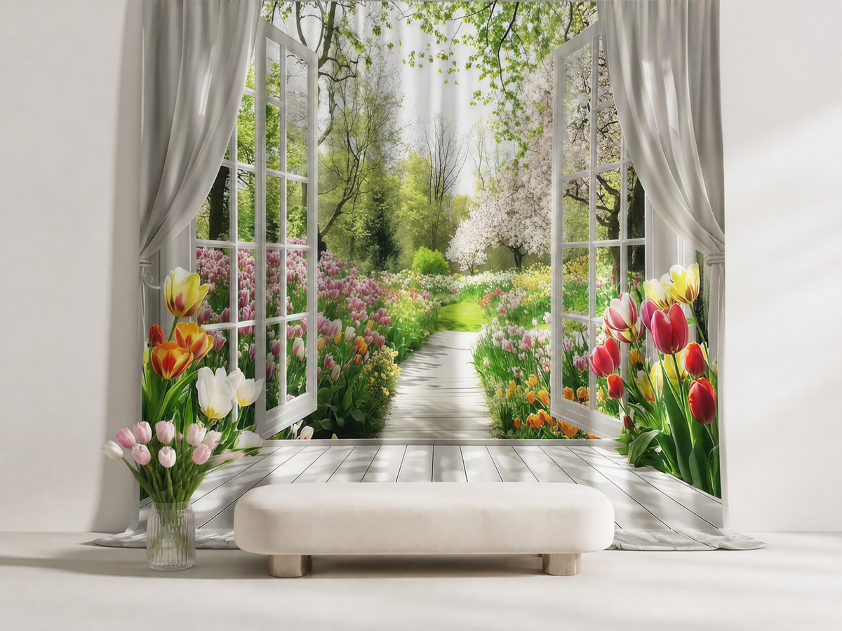 Spring tulip garden window polyester photography backdrop scene 1