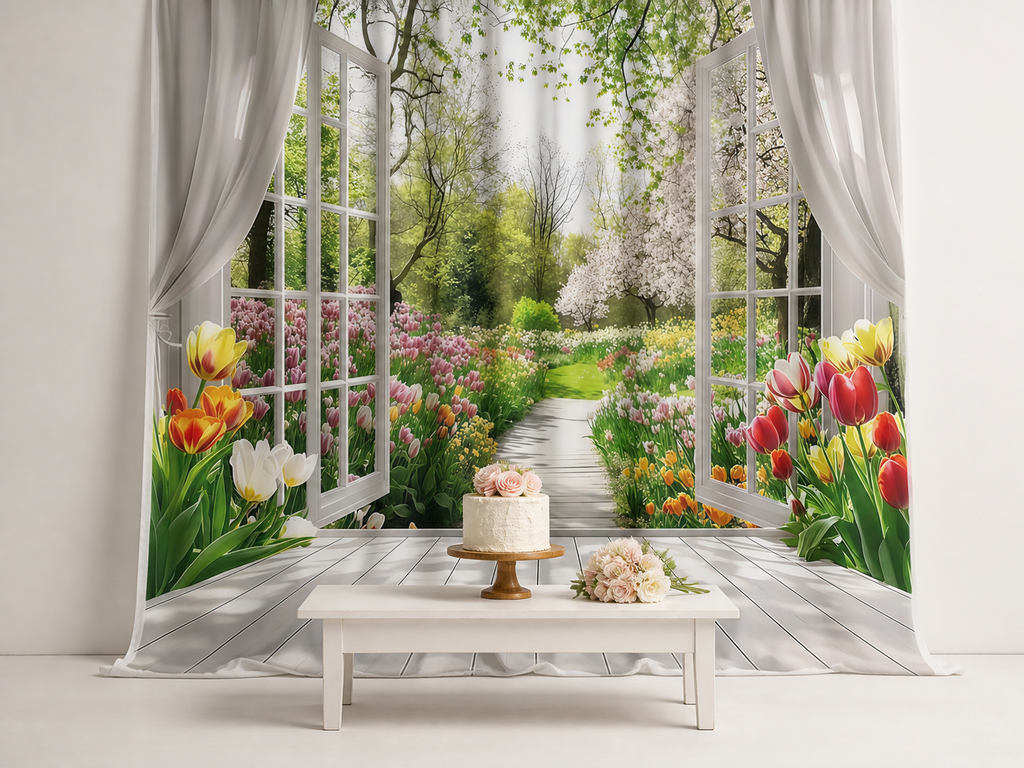 Spring tulip garden window polyester photography backdrop scene 2
