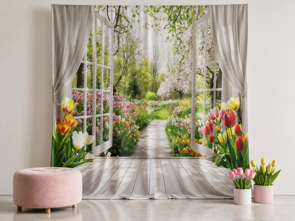 Spring tulip garden window polyester photography backdrop scene 3