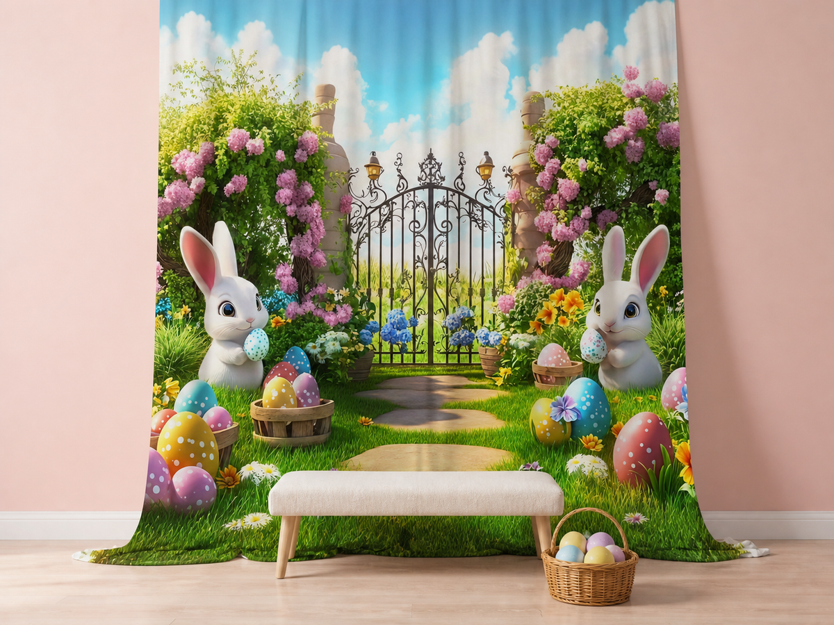 Easter bunny garden gate polyester photography backdrop scene 1