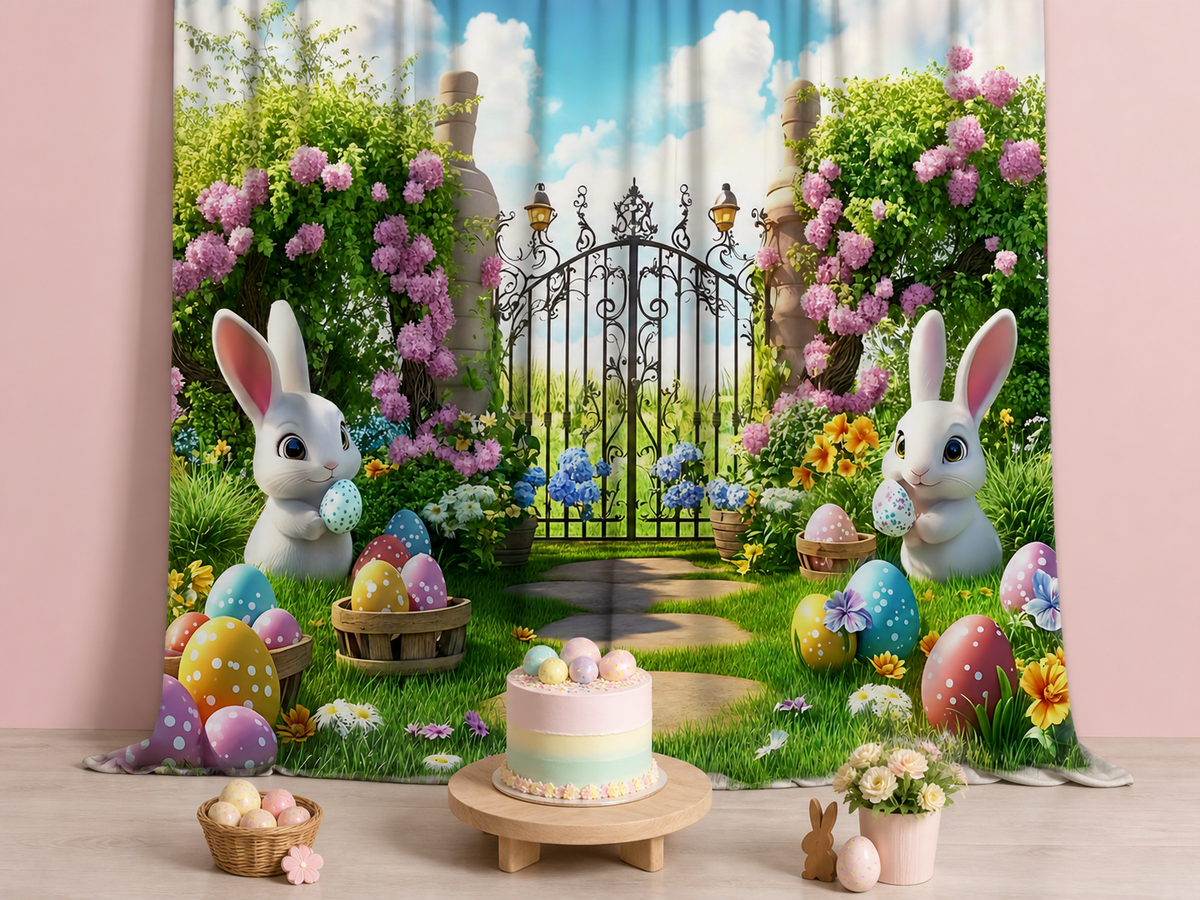 Easter bunny garden gate polyester photography backdrop scene 2