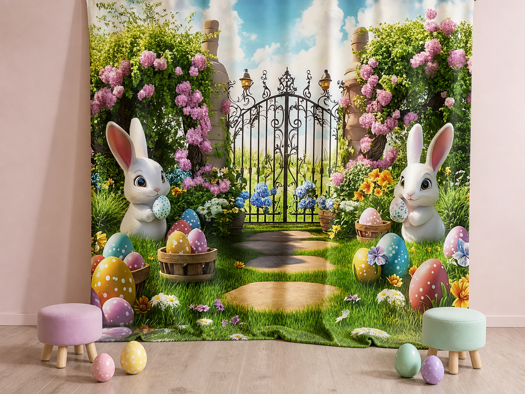 Easter bunny garden gate polyester photography backdrop scene 3