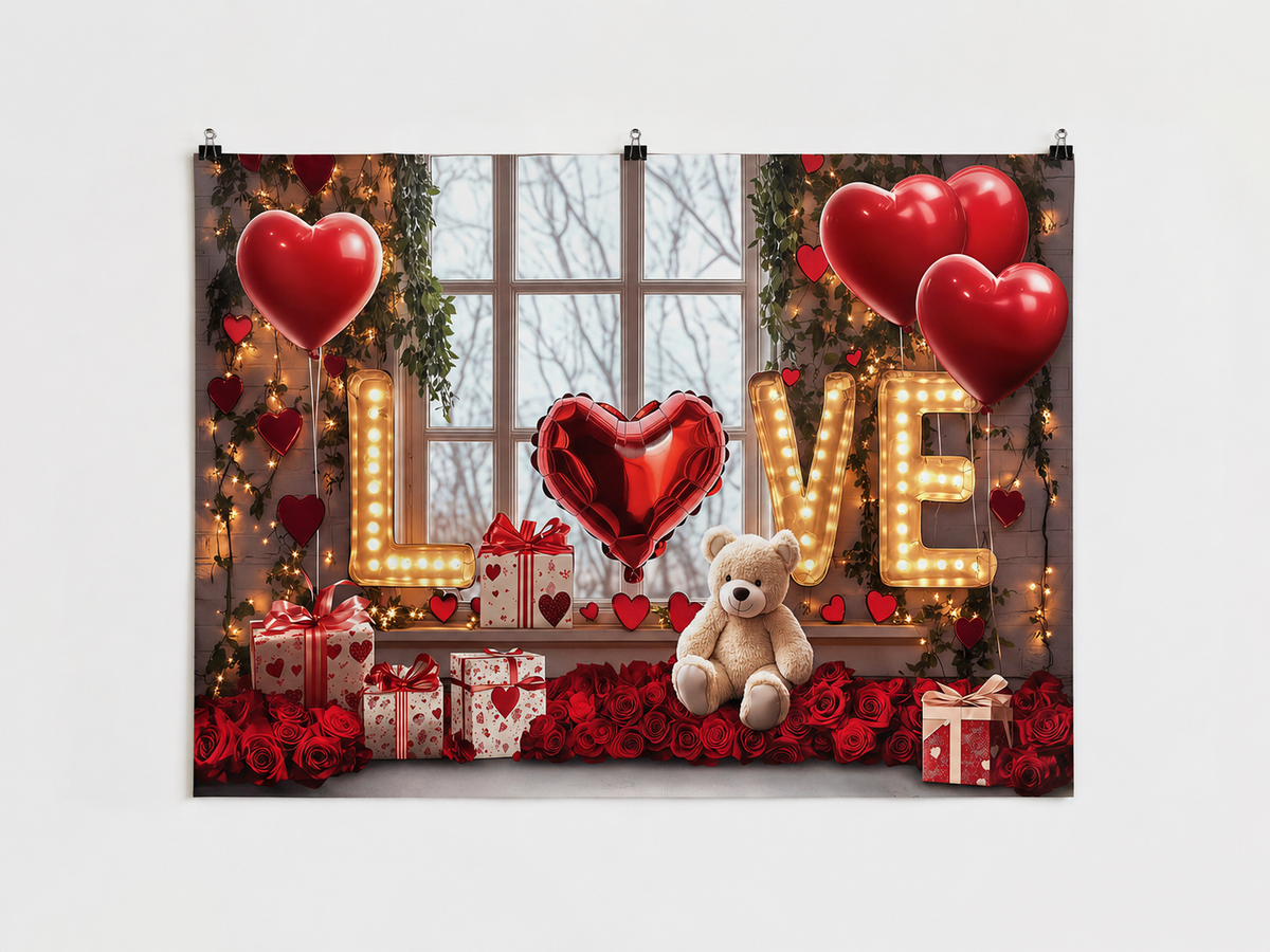 Valentine Heart Balloons and Teddy Bear LOVE Backdrop — complete flat printed design; accessories not included