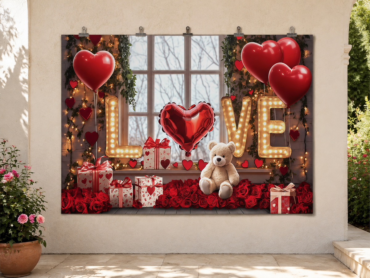 Valentine Heart Balloons and Teddy Bear LOVE Backdrop — temporary dry outdoor wall-clip display; accessories not included
