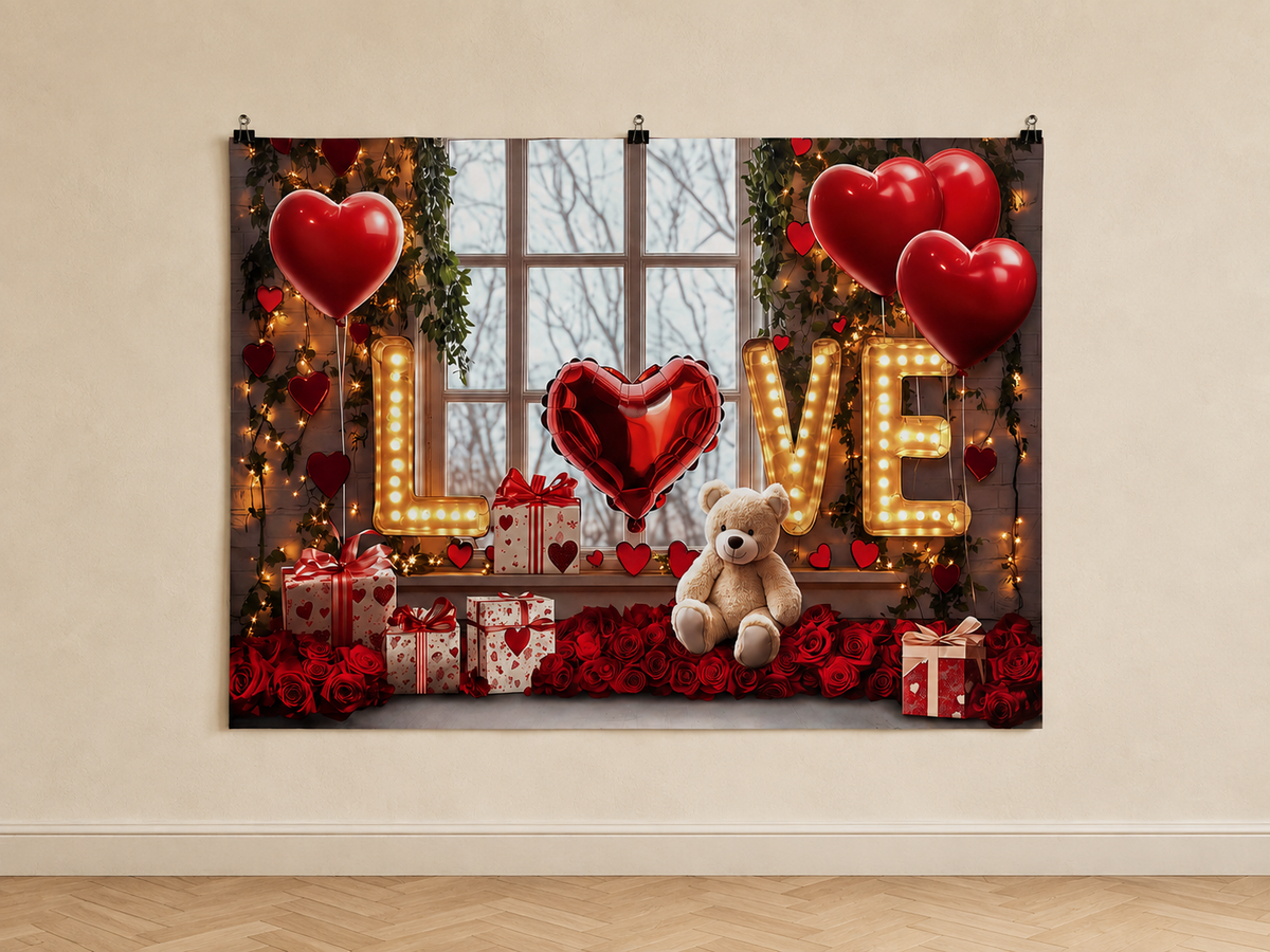 Valentine Heart Balloons and Teddy Bear LOVE Backdrop — indoor wall-clip display; accessories not included