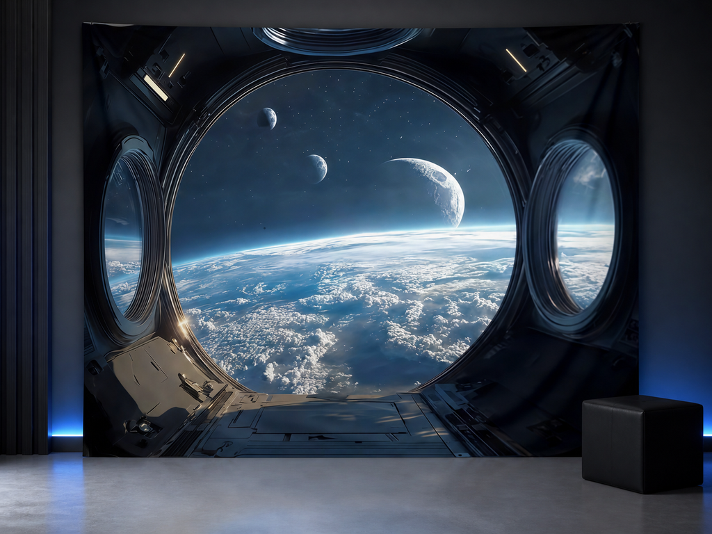 Spaceship window Earth backdrop sci-fi gaming room