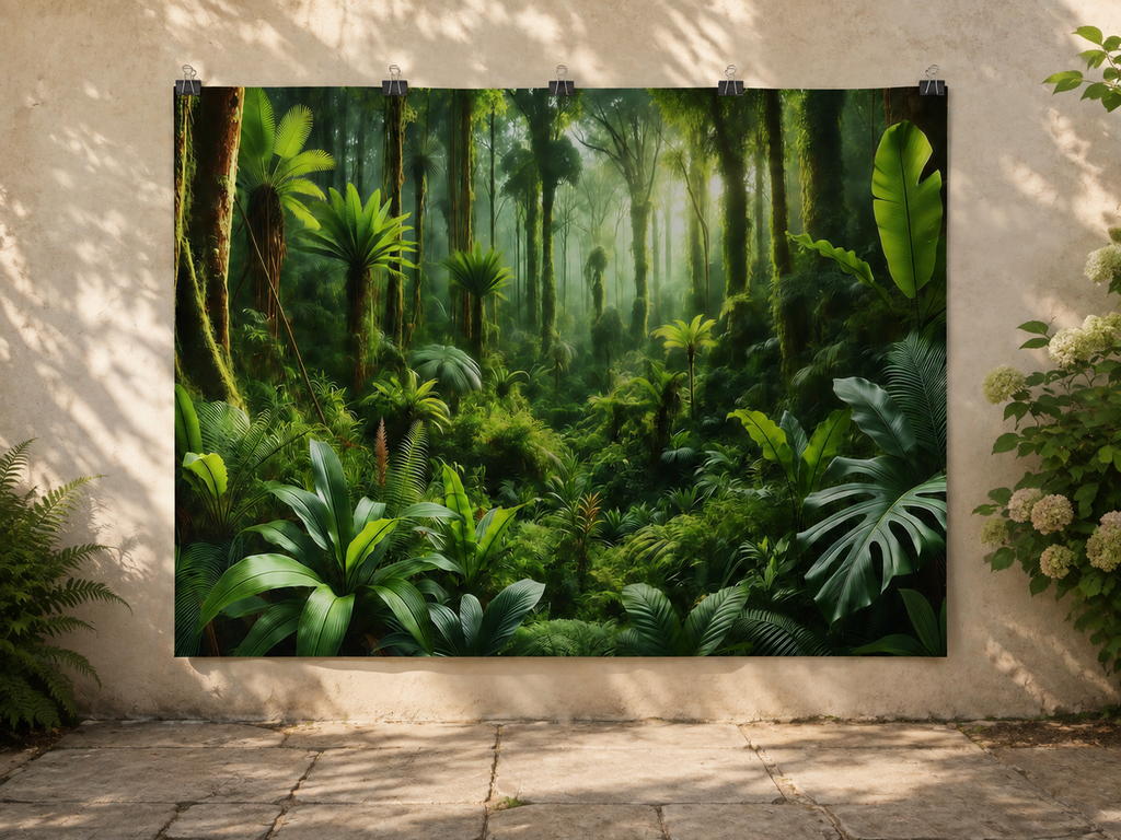 Lush Green Tropical Rainforest Printed Backdrop — temporary dry outdoor wall-clip display; accessories not included