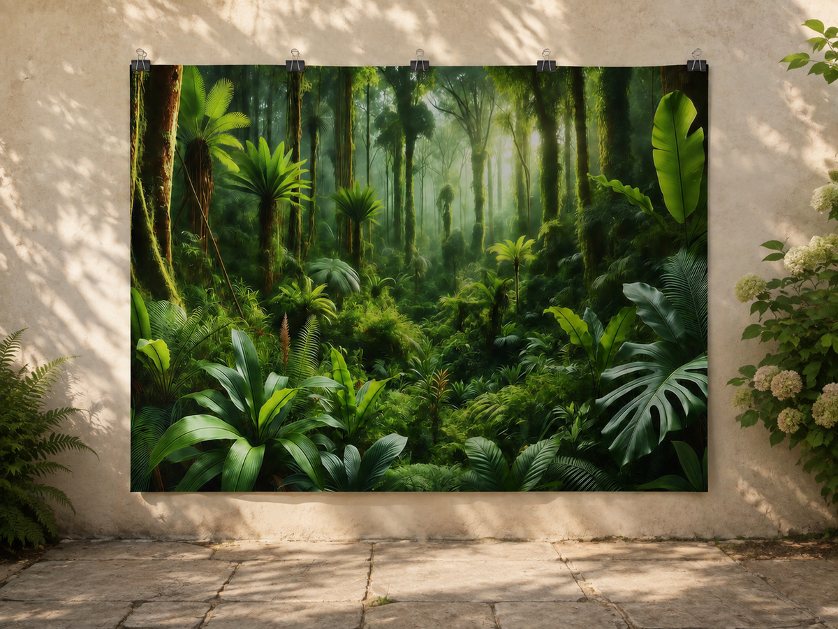 Lush Green Tropical Rainforest Printed Backdrop — temporary dry outdoor wall-clip display; accessories not included