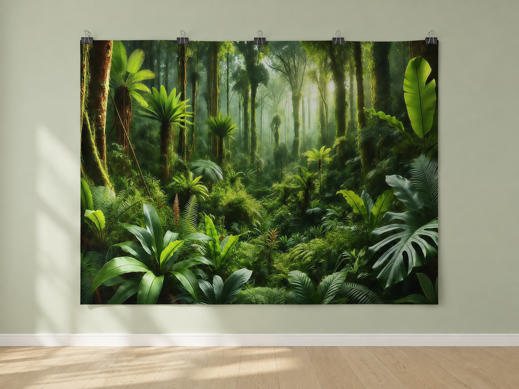 Lush Green Tropical Rainforest Printed Backdrop — indoor wall-clip display; accessories not included