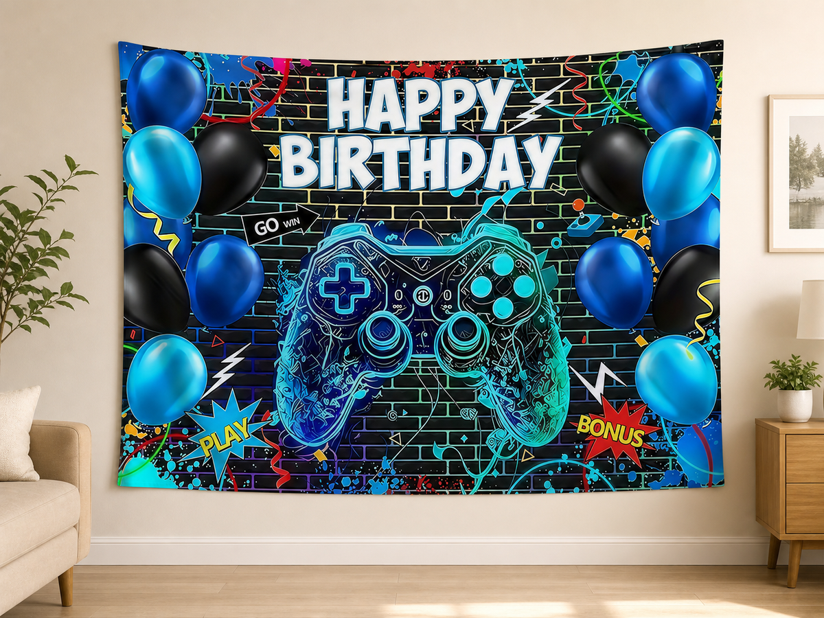 Blue Gaming Happy Birthday Backdrop indoor application scene