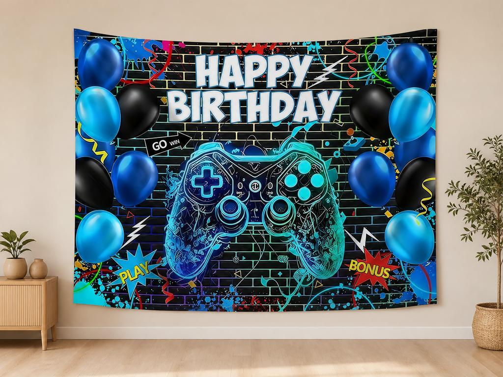 Blue Gaming Happy Birthday Backdrop indoor application scene