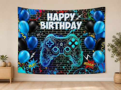 Blue Gaming Happy Birthday Backdrop indoor application scene