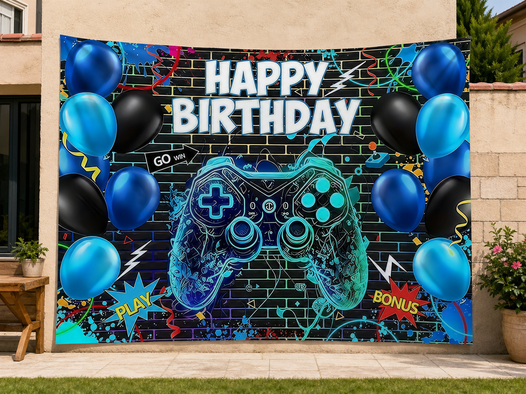 Blue Gaming Happy Birthday Backdrop garden application scene