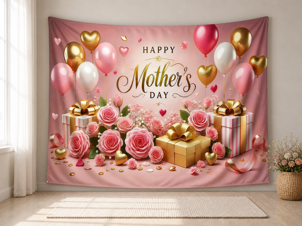 Pink rose balloon Mother's Day polyester backdrop in portrait setting