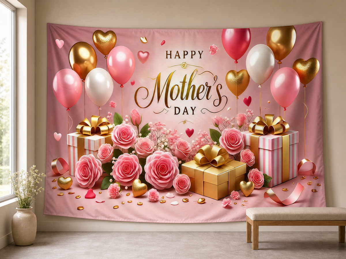 Pink rose balloon Mother's Day polyester backdrop in family gathering setting