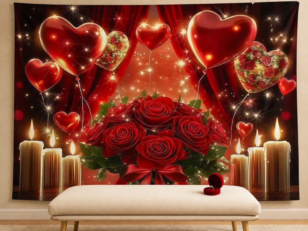 Red rose heart candle backdrop proposal scene