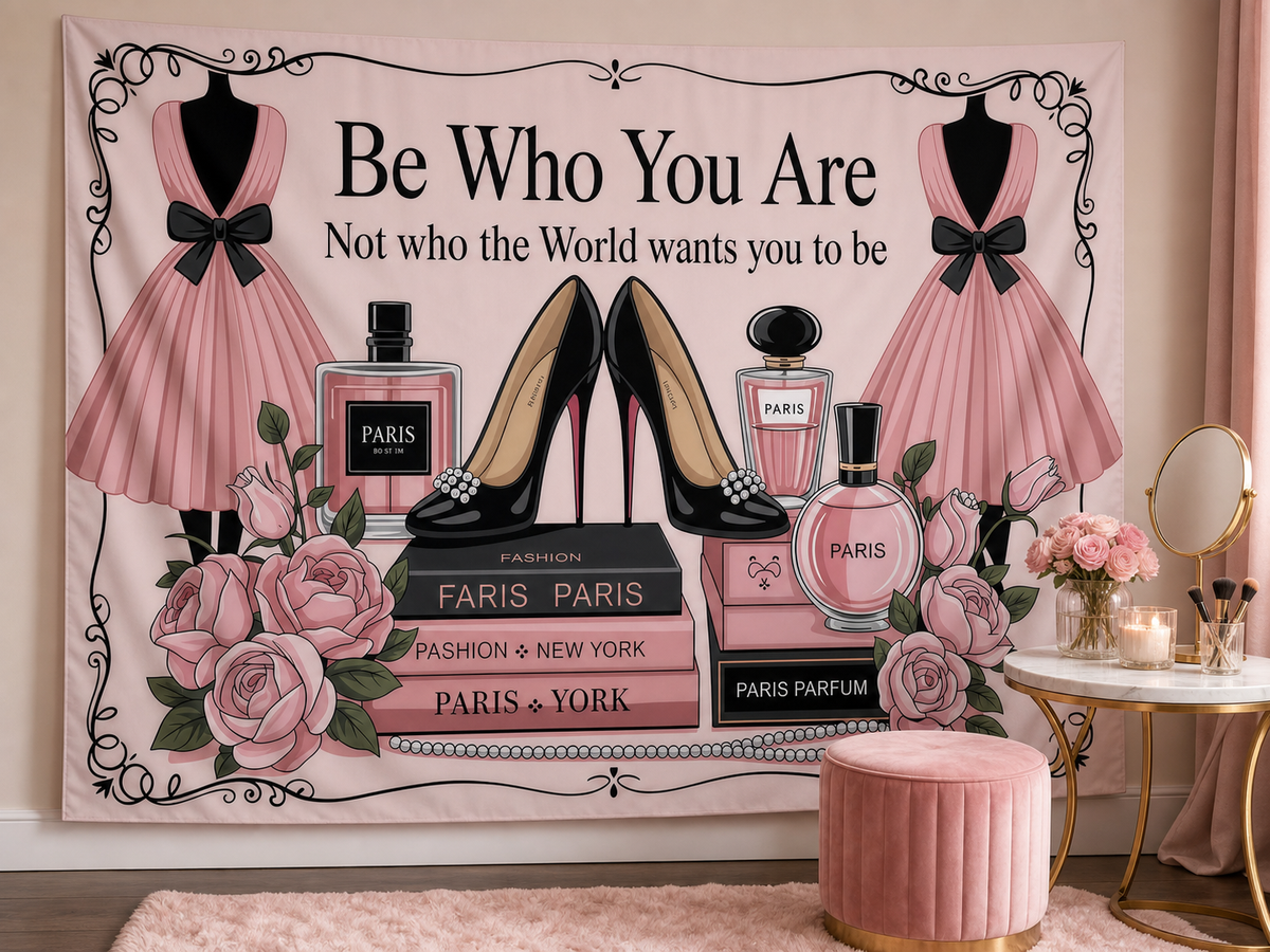 Pink Paris fashion high heel perfume tapestry vanity scene