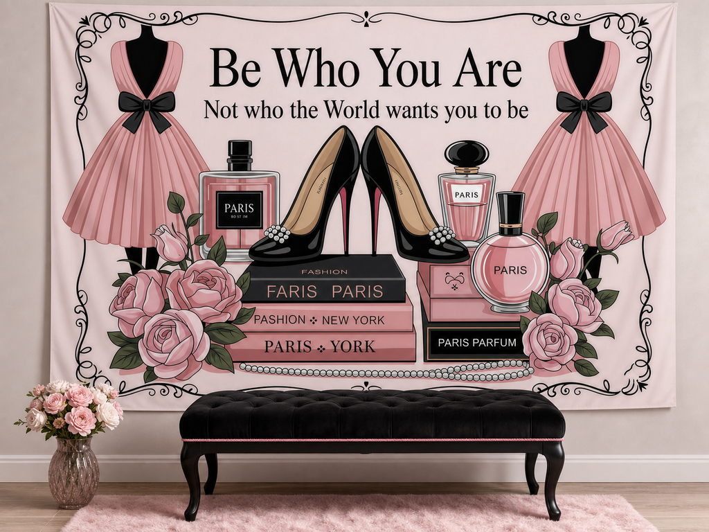 Pink Paris fashion high heel perfume tapestry boutique scene