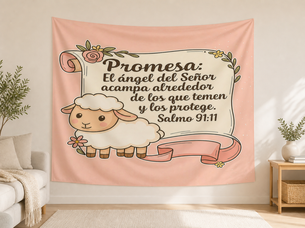Spanish Psalm 91:11 Lamb Tapestry Backdrop indoor application scene