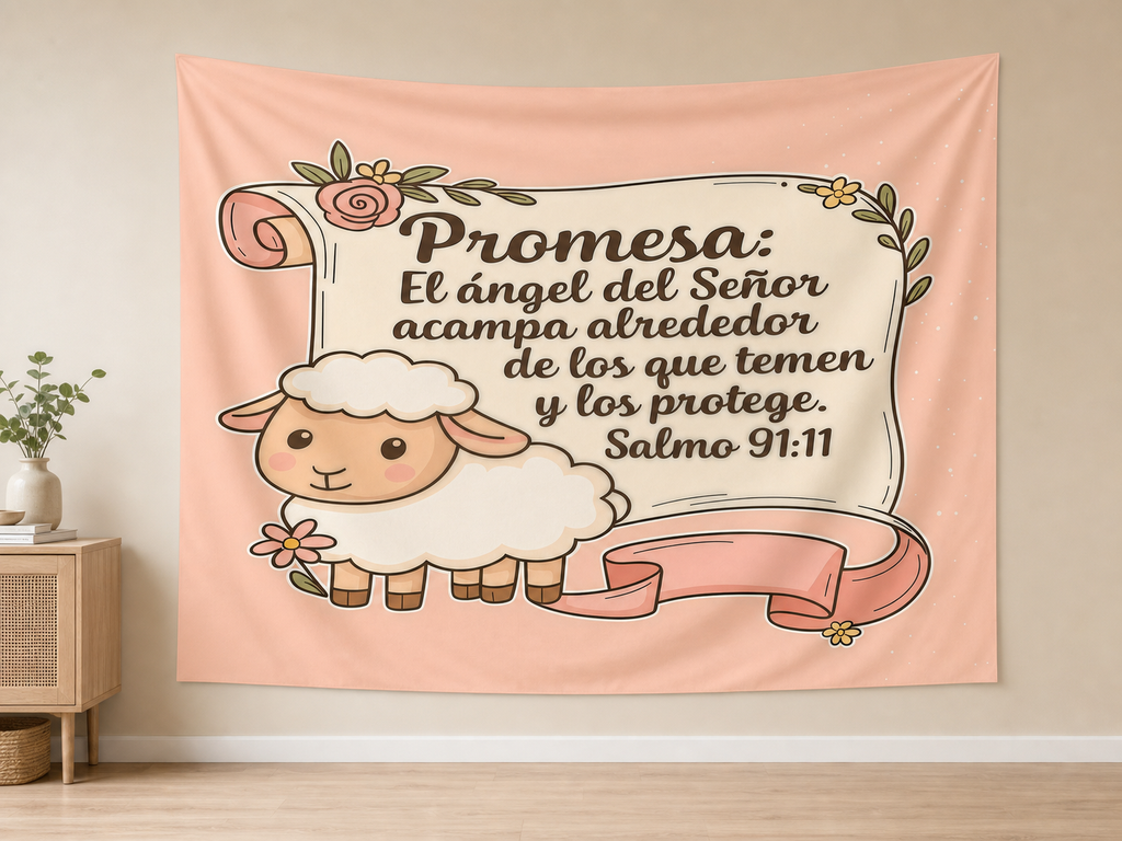 Spanish Psalm 91:11 Lamb Tapestry Backdrop indoor application scene