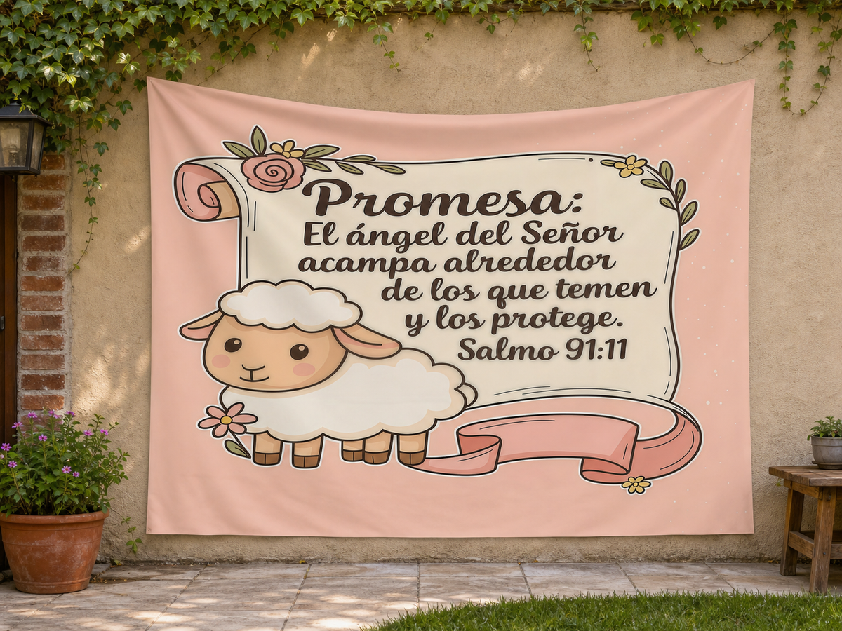 Spanish Psalm 91:11 Lamb Tapestry Backdrop garden application scene