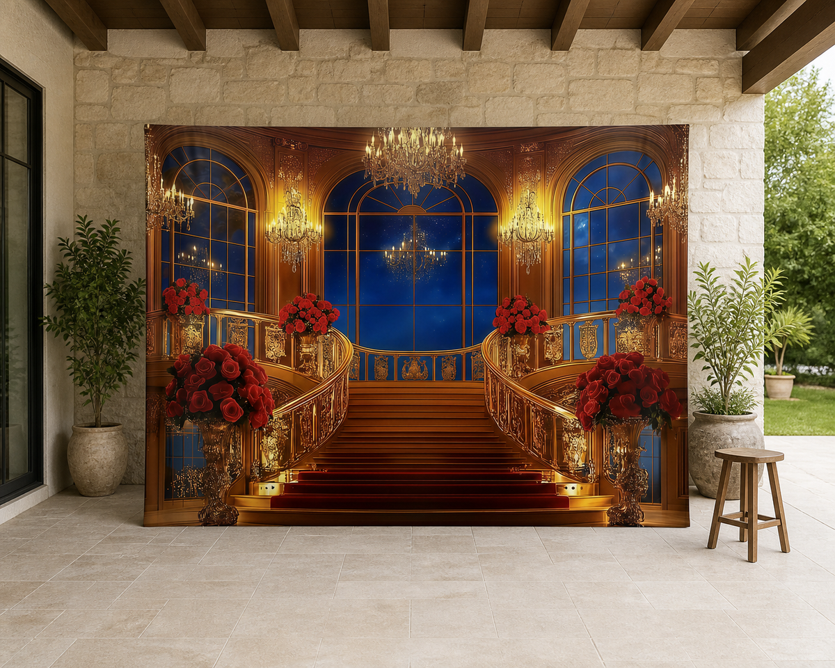 Luxury Staircase and Roses Backdrop scene 1