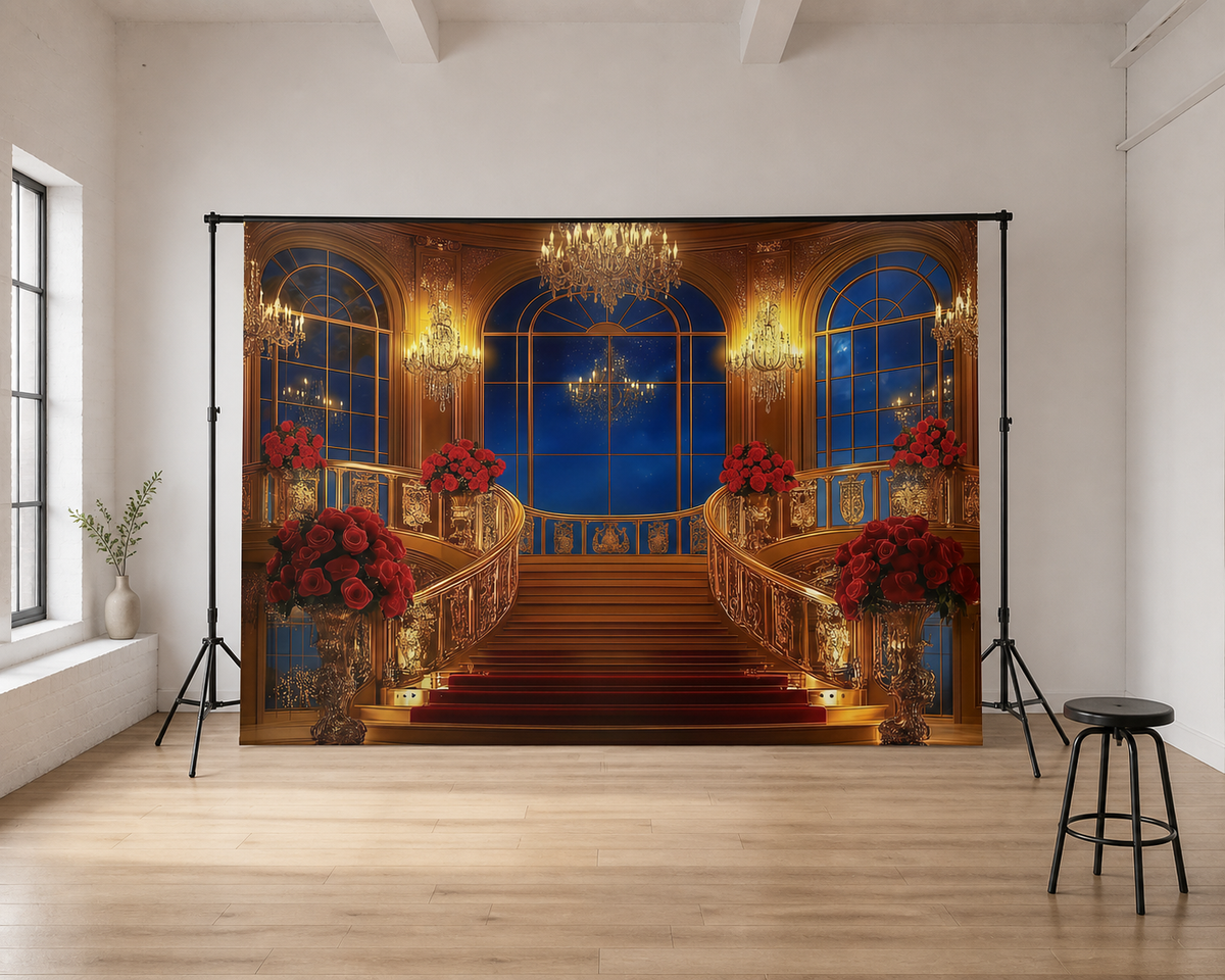 Luxury Staircase and Roses Backdrop scene 2