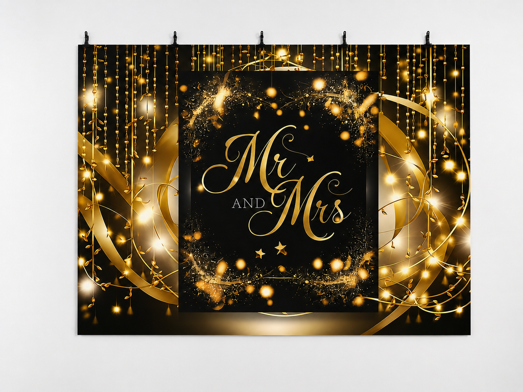 Black and Gold Mr and Mrs printed polyester backdrop, shown at244 x183cm with straight-cut unhemmed edges and wall clips. Flat printed scenery; accessories not included.