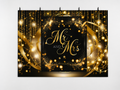 Black and Gold Mr and Mrs printed polyester backdrop, shown at244 x183cm with straight-cut unhemmed edges and wall clips. Flat printed scenery; accessories not included.