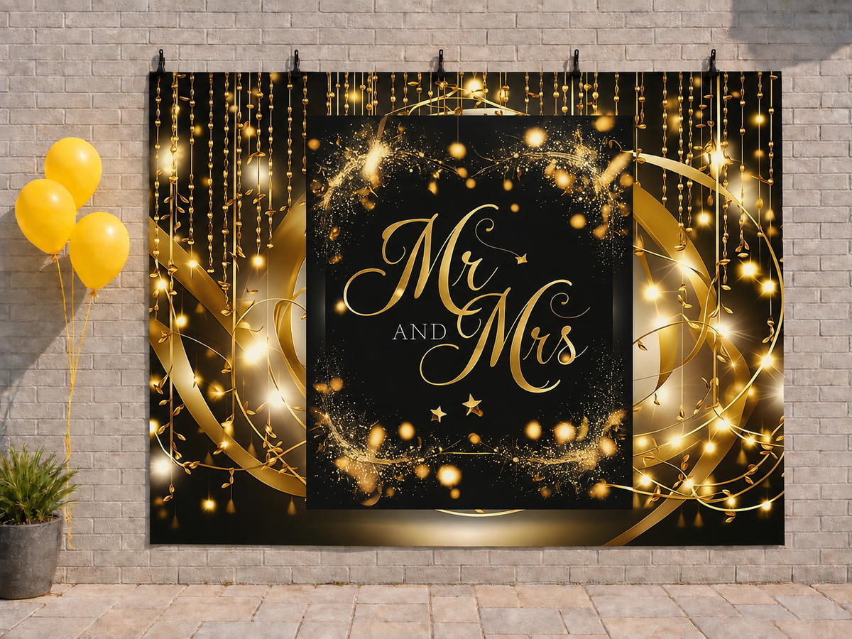 Black and Gold Mr and Mrs printed polyester backdrop, shown at244 x183cm with straight-cut unhemmed edges and wall clips. Flat printed scenery; accessories not included.