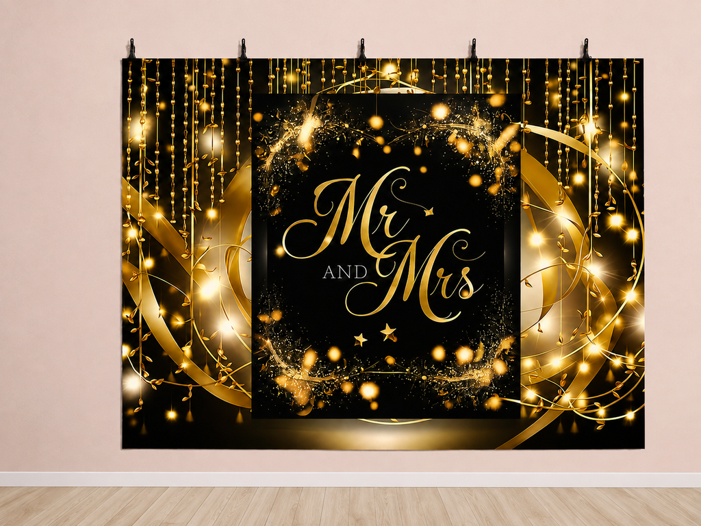 Black and Gold Mr and Mrs printed polyester backdrop, shown at244 x183cm with straight-cut unhemmed edges and wall clips. Flat printed scenery; accessories not included.