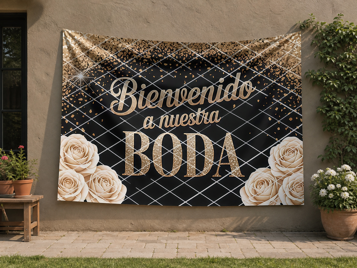 Spanish Bride Welcome Backdrop garden application scene