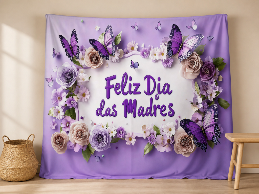 Feliz Dia das Madres purple flowers photography backdrop in a family portrait scene