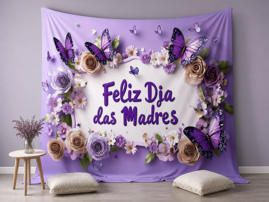Feliz Dia das Madres purple flowers photography backdrop in a brunch scene