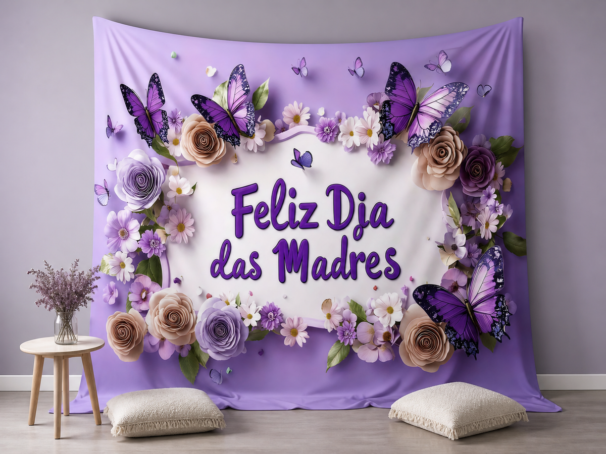 Feliz Dia das Madres purple flowers photography backdrop in a brunch scene