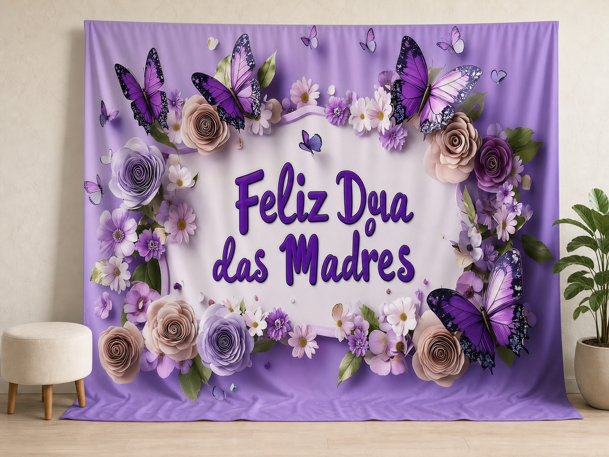 Feliz Dia das Madres purple flowers photography backdrop in a boutique event scene